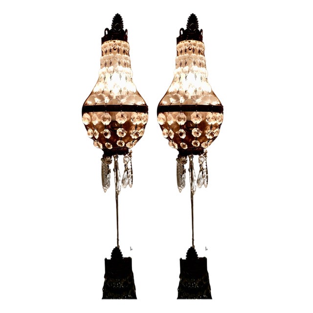 French Brass and Crystal Chandelier Wall Lamps, 1910s, Set of 2 For Sale