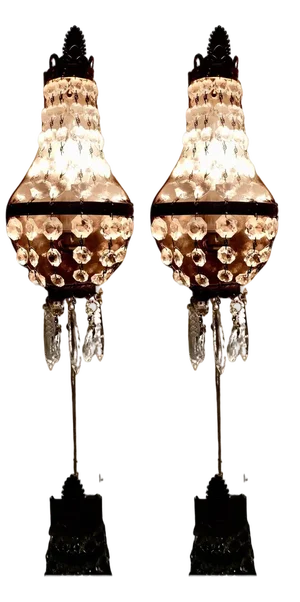 French Brass and Crystal Chandelier Wall Lamps, 1910s, Set of 2