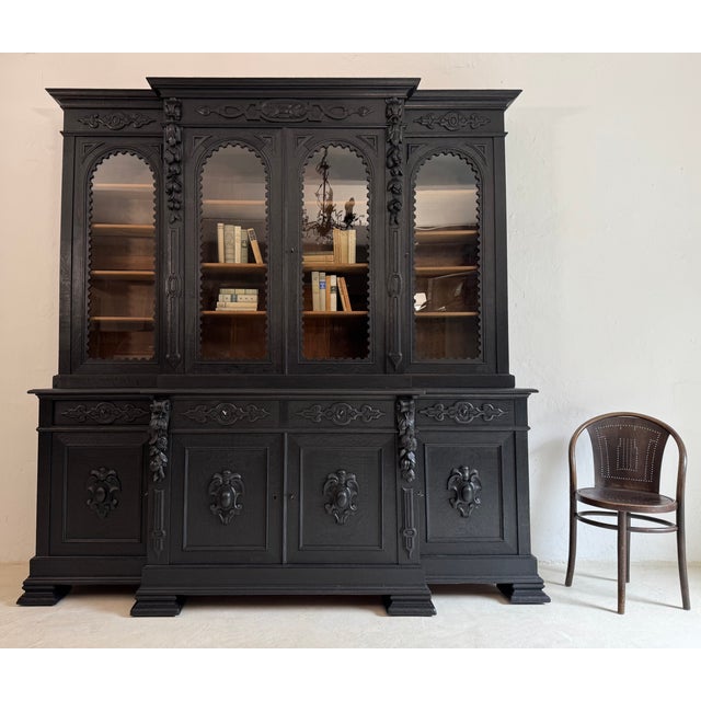 Large Antique Ebonised Oak Bookcase, 1890s For Sale - Image 3 of 18