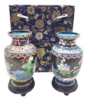 Pair of Vintage Chinese Cloisonné Vases on Wood Stands – Black Enamel With Autumn Floral Motif