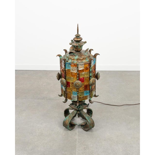 Floor Lamp Lantern in Wrought Iron and Hammered Glass by Longobard, 1970s For Sale - Image 16 of 17