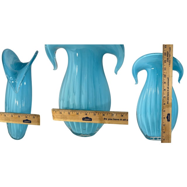 Art Glass Aqua Blue Vase Crescent Clam Lip Fluted Vase For Sale - Image 17 of 17