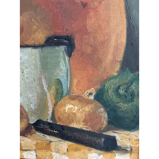 1930s Antique Still Life of Vegetables on Checkers Tablecloth With Wood Bowl Oil Painting in Gold Frame For Sale - Image 5 of 6