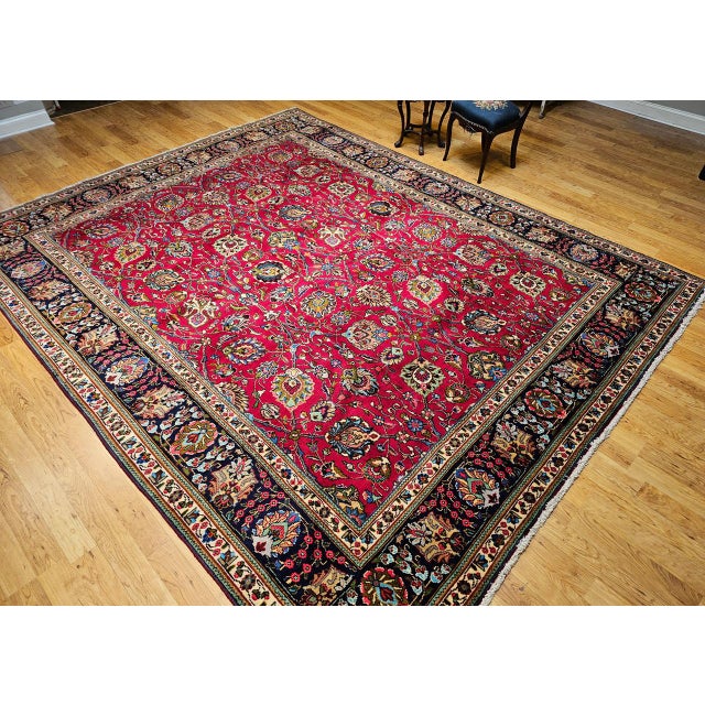 Vintage Persian Tabriz Rug, Hand-Knotted Wool, All Over Geometric Pattern, Red & Navy, 10x13 For Sale - Image 9 of 18