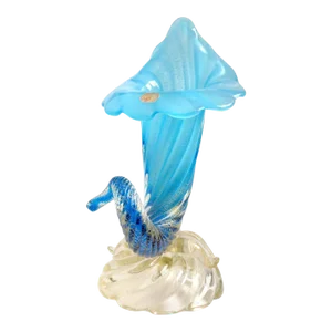 Murano Seguso Vintage Blue Opalescent Gold Flecks Italian Art Glass Mid Century Sculptural Flower Vase