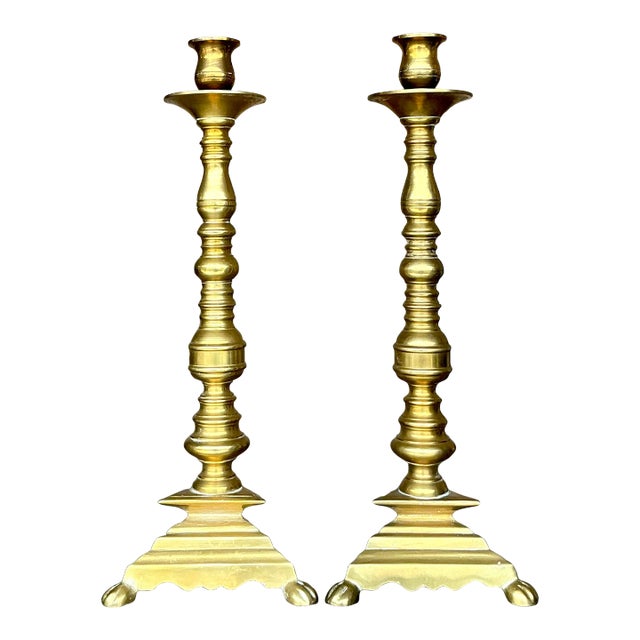 Vintage Boho Turned Brass Candlesticks - a Pair For Sale