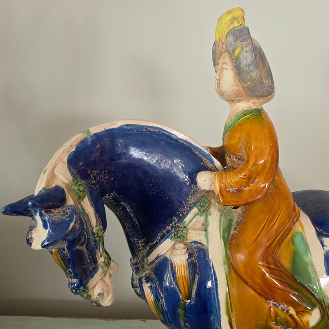 Beijing Niren Zhang Tang Style Cobalt Sancai Glazed Horse & Rider Figurine - 17" For Sale - Image 14 of 16