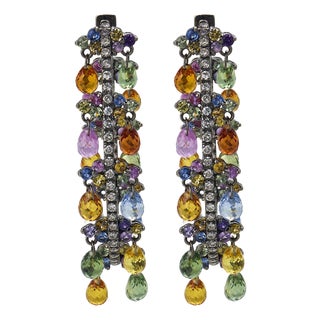 Contemporary Diamond Multicolored Stone 18k White Gold Hoop Earrings, Pair For Sale