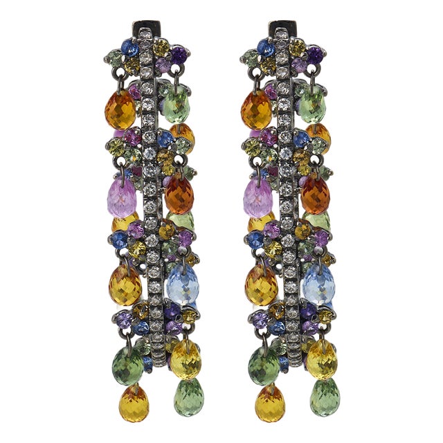 Contemporary Diamond Multicolored Stone 18k White Gold Hoop Earrings, Pair For Sale