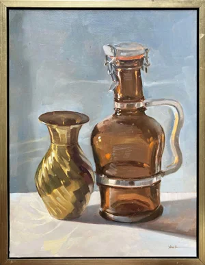 Still Life With Glass Bottles, Contemporary Photorealistic Still Life Oil Painting, Alice Selwick