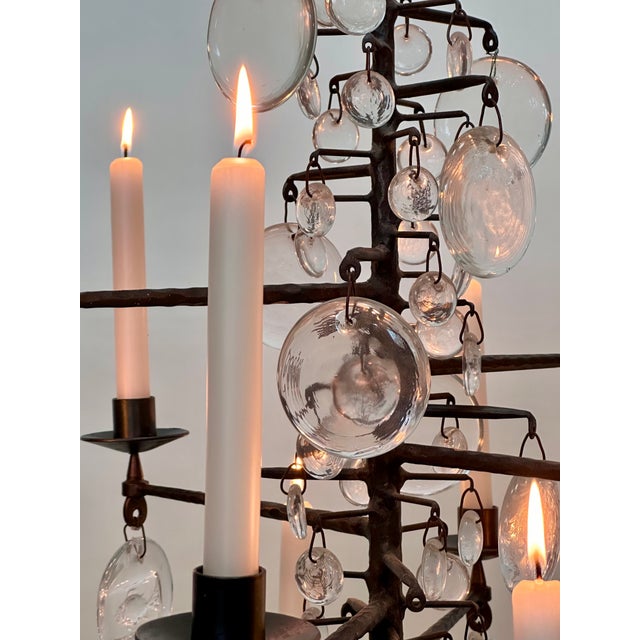 Large Vintage Candle Chandelier in Mouth-Blown Glass and Wrought Iron by Erik Höglund for Boda Smide, 1960s For Sale - Image 11 of 18