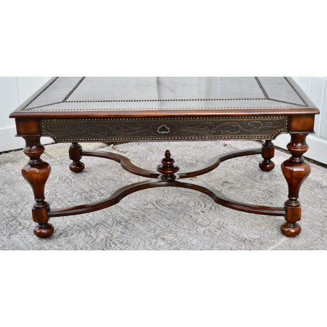 2000 - 2009 Vintage Theodore Alexander Brass Embossed Regency Style Cocktail Table W/Leather For Sale - Image 5 of 13