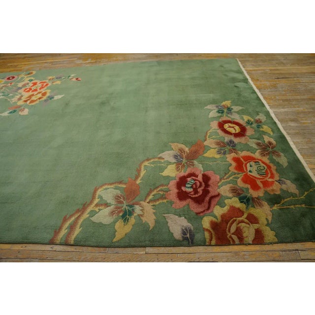 1930s Green Open Floral Antique Chinese Art Deco Carpet 8' 7" X 11' 4" Knotted Pile Wool Rug For Sale - Image 12 of 12