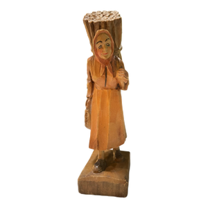 19th Century Hand-Carved Wooden Folk-Art Figure, Elderly Woman Carrying a Bundle of Firewood and Basket, Eastern European or Slavic Peasant Attire