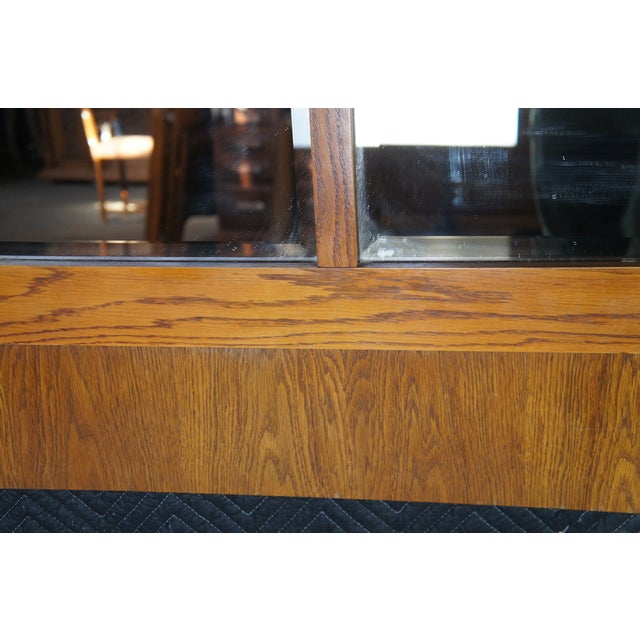 Brown Mid Century Modern Attributed to Lane Staccato Brutalist Oak Mirrored Full Headboard For Sale - Image 8 of 10