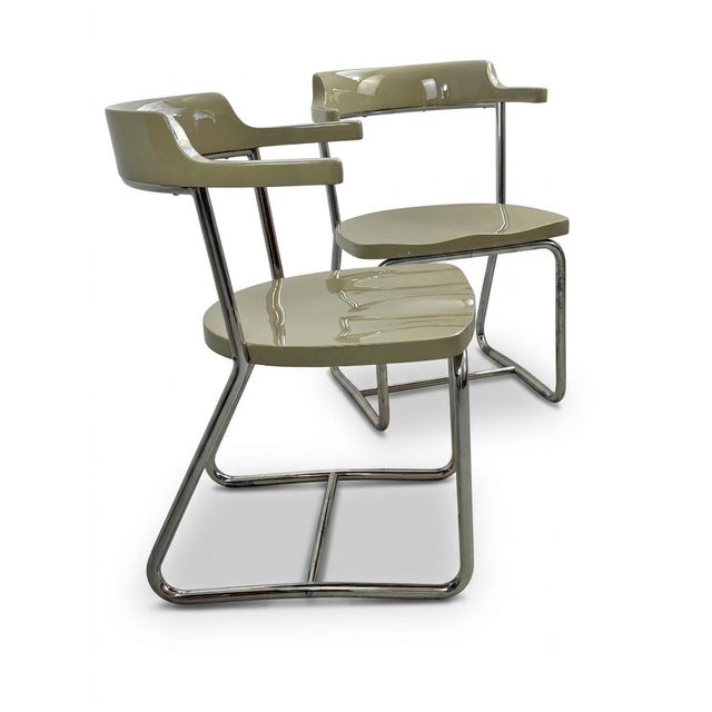 A rare pair of cantilever armchairs produced by the Czech manufacturer Slezák, representing outstanding Functionalist...