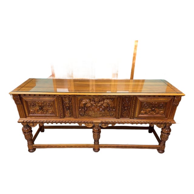 Antique Hand Carved Sideboard Buffet, Berkey & Gay, Jacobean Revival, Walnut Wood, Glass Top For Sale