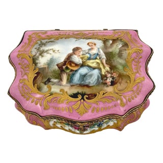 Sevres Style Pink Bombe Watteau Motif Ormolu Mounted Table Box For Sale