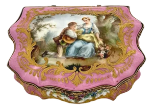 Sevres Style Pink Bombe Watteau Motif Ormolu Mounted Table Box