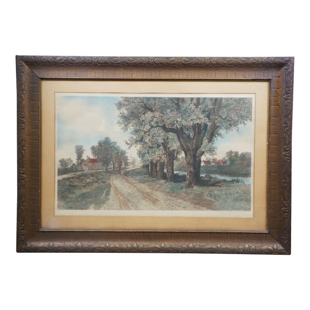 Antique Ernest C Rost Old Elm Road Country Landscape Etching 36" For Sale