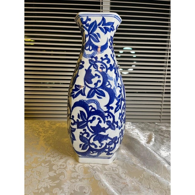 Blue Large 14" Vintage Chinese Blue and White Hexagonal Vase - Scrolling Lotus Design For Sale - Image 8 of 10