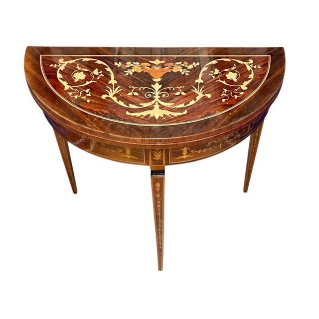 Antique Italian Neoclassical Marquetry Inlaid Round Folding Game Table Dimensions: 35.5" H x 17.75"W x Overall 36" Fully...