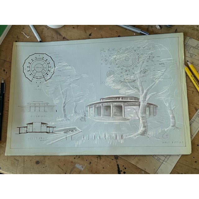 Janet Bentley, Round Pavilion / Aquarium Study Architectural Presentation Drawing, 1953, Mixed Media on Paper For Sale - Image 12 of 14