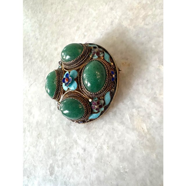 Chinese Vintage Chinese Brooch Features Enamel and Sterling Silver Filigree Work Set With Jade For Sale - Image 3 of 5