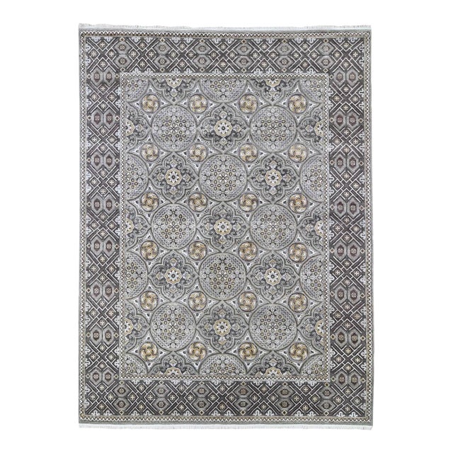 Textured Wool and Silk Mughal Inspired Medallions Design Hand Knotted Brown Oriental Rug For Sale