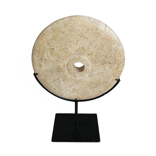 Tan Hand-Carved Indonesian Marble Disk on Stand For Sale - Image 8 of 15