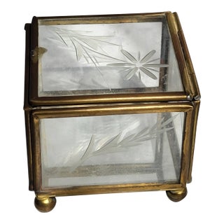 Vintage Glass and Brass Trinket Box Etched Floral For Sale