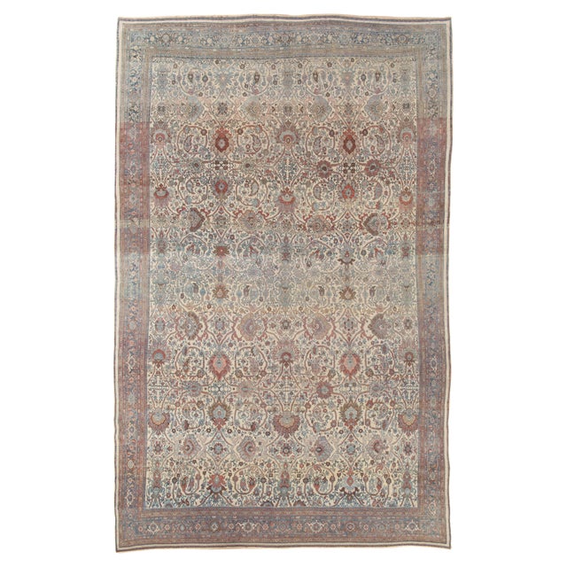Antique Bijar Carpet Oriental Carpet, Handmade, Ivory, Coral, Light Blue, Taupe For Sale - Image 17 of 17