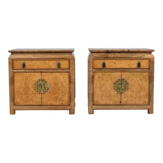 Restored Modern Bedside Tables With Walnut Veneer and Brass Hardware For Sale