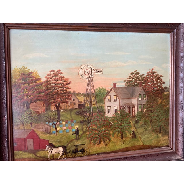 American School, 19th Century Farm Scene W/Halladay Standard Windmill Oil on Canvas Circa 1870 Windmill Inscribed Halladay Standard / Batavia,ILLS For Sale - Image 4 of 10