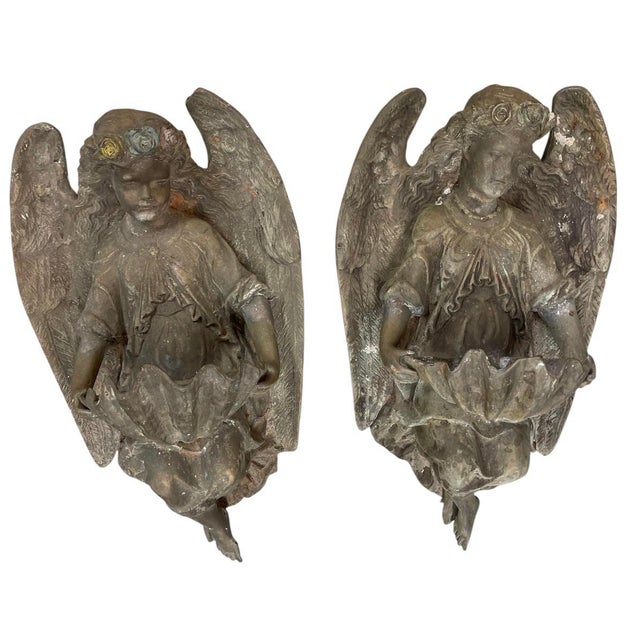 Pair of Vintage Continental Classical Bronze Winged Angel Wall Pockets / Clamshell Holy Water Fonts For Sale In West Palm - Image 6 of 11