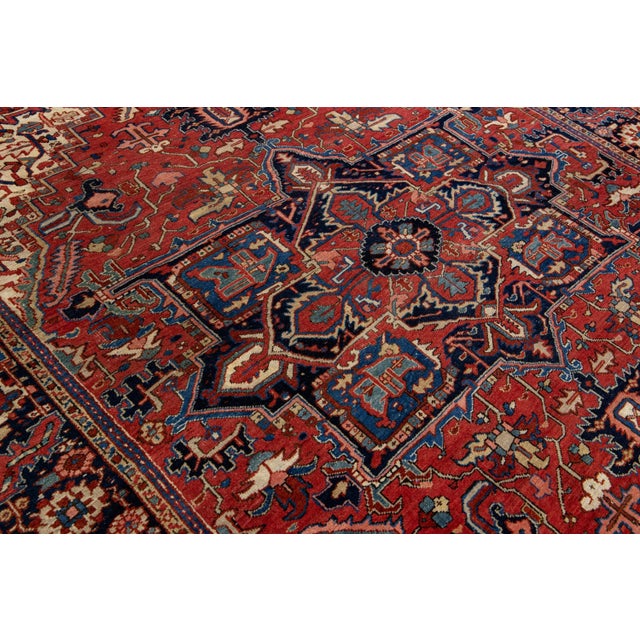Red Antique Persian Heriz Handmade Red Wool Rug With Medallion Motif For Sale - Image 8 of 11