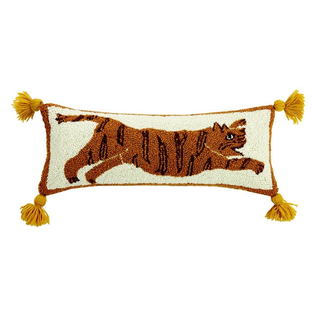 Contemporary Tiger Pom Pom Hook Pillow, 8" x 22" For Sale - Image 3 of 3