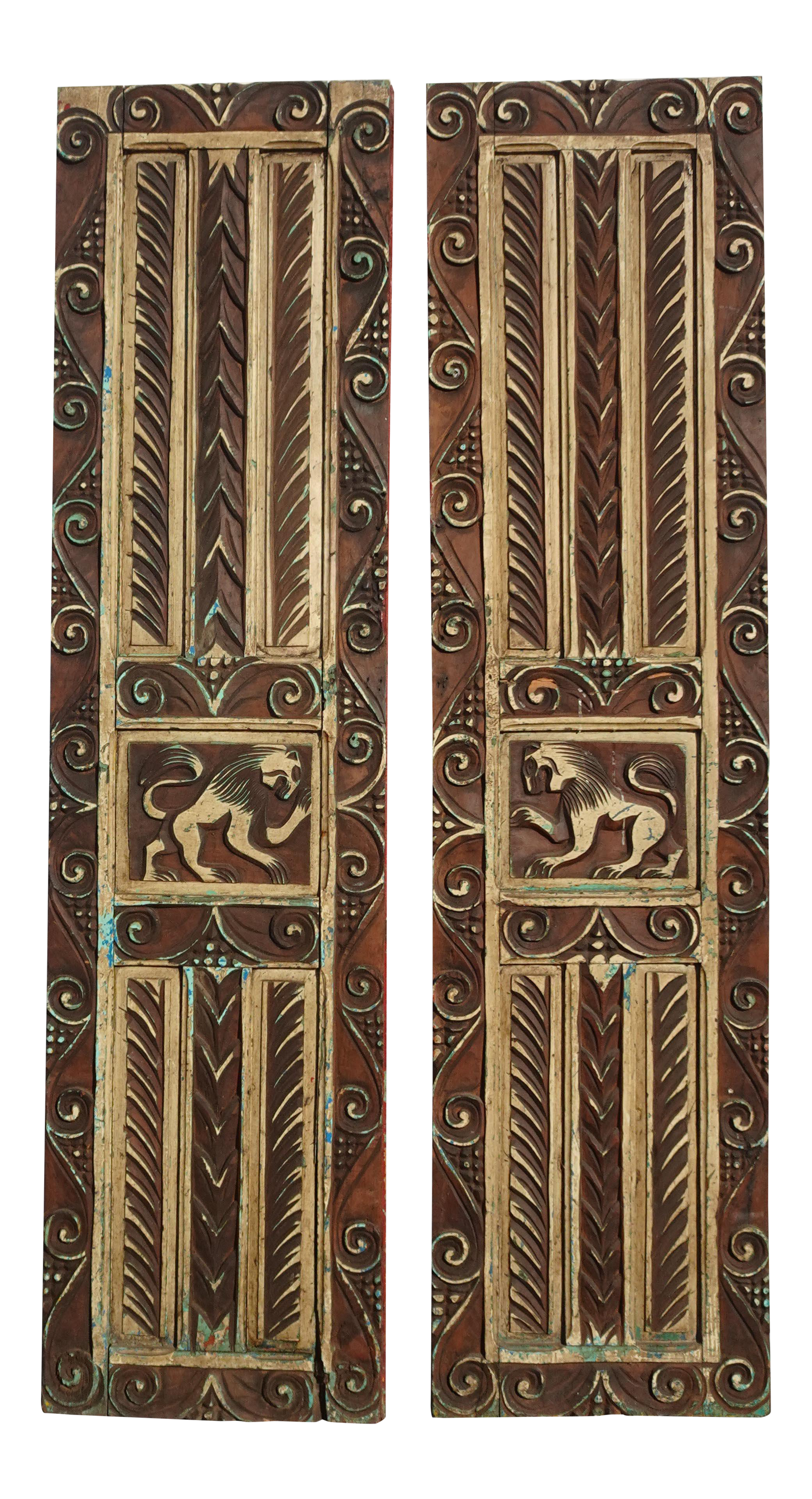 Vintage Highly Carved Wood Lion Motif Panel Doors Reversible Red Oriental Asian - image 0