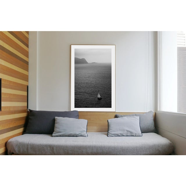 Illustration "Misty Sailboat Journey" Contemporary Nautical Seascape Black and White Giclée Print For Sale - Image 3 of 8