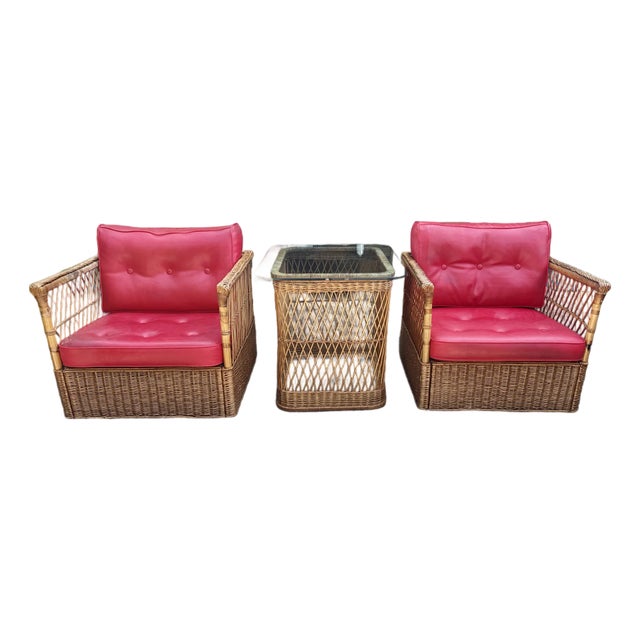 Pair of Vintage Rattan & Cane Cube Chairs With Matching Side Table For Sale