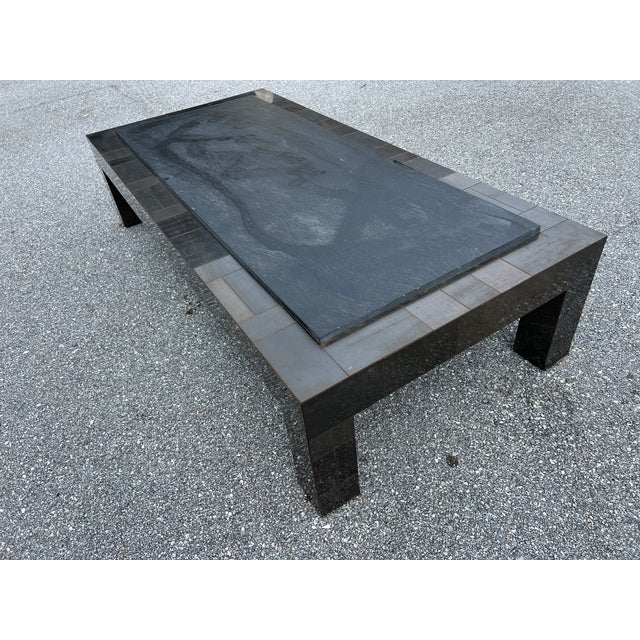 Black Brutalist Paul Evans Patinated Patchwork Coffee Table With Slate Top Signed For Sale - Image 8 of 11