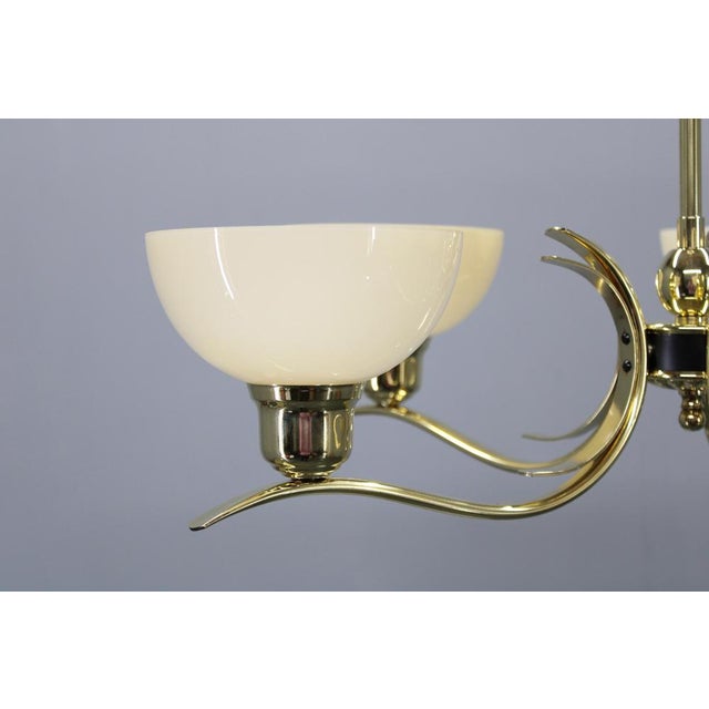 1930s Art Deco Brass Chandelier with Cream Opaline Glass, Czechoslovakia, 1930s For Sale - Image 5 of 12
