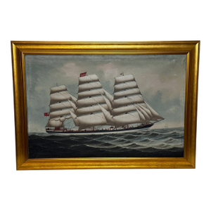 Large Antique British Victorian Seascape Oil Painting Wiscombe Park Ship Enroute to Australia John Blumer & Co