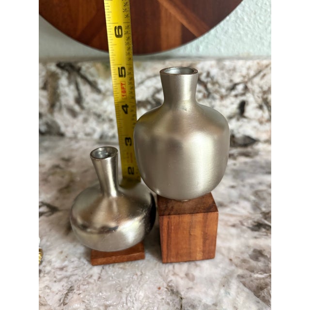 Mid-Century Modern Roost Metal Bud Vases on Wood Bases, Set of 2 For Sale - Image 3 of 3