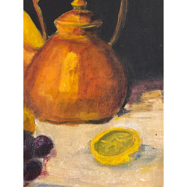 Vintage Still Life Oil Painting With Fruit, Wine Bottle & Copper Kettle, 14” × 18” For Sale - Image 4 of 10
