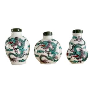 Vintage Chinoiserie Chinese Dragon Porcelain Snuff Bottles - Set of 3