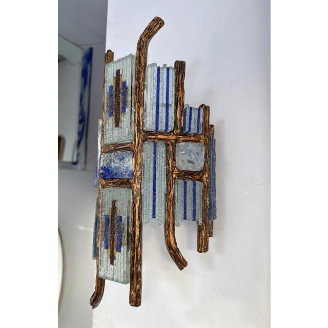 Mid-Century Modern pair of wall lamps lights lightning sconces hammered glass and wrought iron, gilding gilt gold copper...