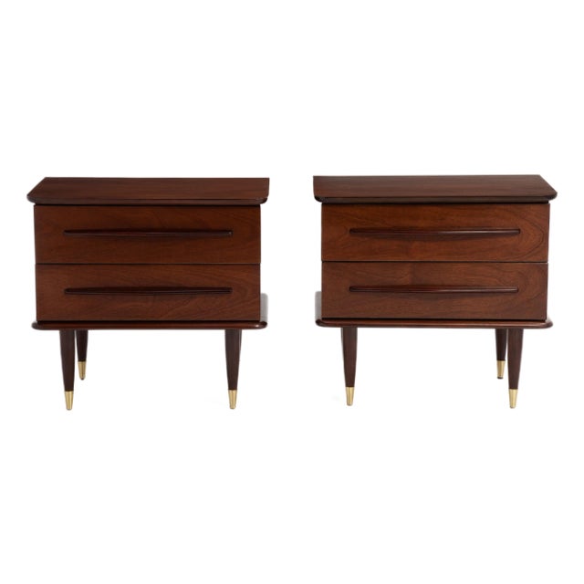 United Furniture Mid Century Mahogany Brass Nightstands a Pair Refinished For Sale