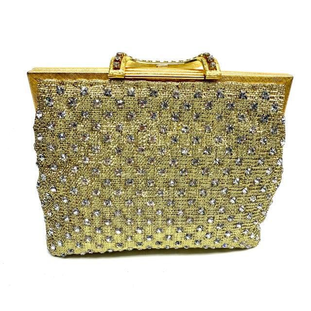 Art Nouveau Vintage Gold Mesh Rhinestone Evening Purse by Walborg For Sale - Image 3 of 11