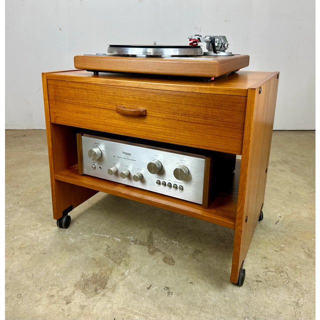 Mid Century Danish Modern Teak Rolling Media Cabinet Table Cart For Sale - Image 10 of 12